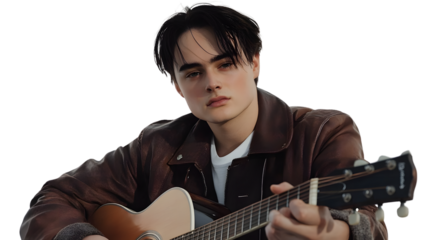 A young musician playing an acoustic guitar wearing a leather jacket perfect for music and fa