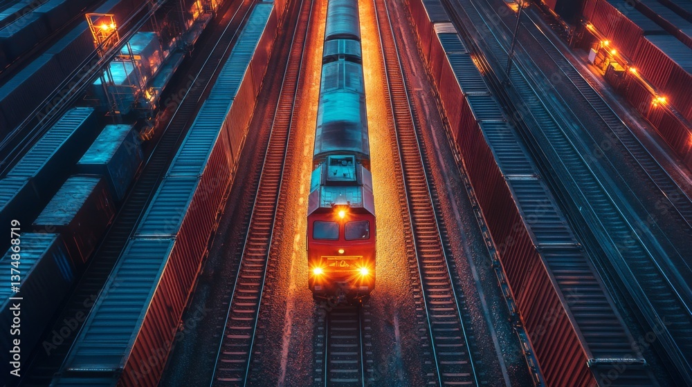Poster a freight train moves through an intermodal yard illuminated by soft lights, surrounded by numerous 