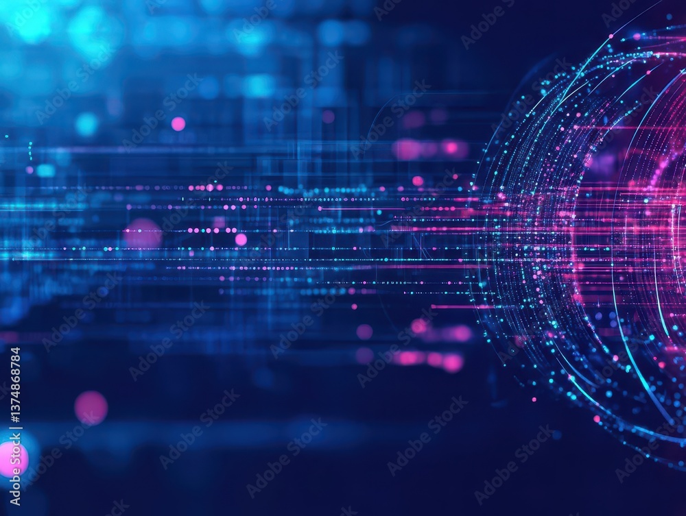Poster Abstract wave with moving dots and lines Flow of particles Cyber technology illustration