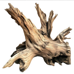 A piece of dynamic driftwood its form weathered by the sea and sun rests majestically on a pristine transparent background offering an ethereal and artistic im