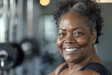Obraz premium Smiling portrait of a middle aged slightly overweight African American woman in a gym in sports clothes