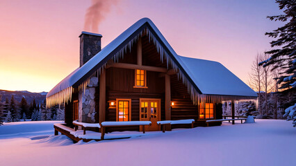 winter landscape of snowy cabin with icicles