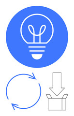Lightbulb in blue circle, two circular arrows representing cycle, downward arrow pointing into box. Ideal for inspiration, creativity, innovation process, sustainability, packaging, delivery flat