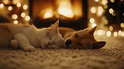 Two pets sleeping peacefully side by side with a warm fireplace backdrop and soft glowing lights creating a cozy atmosphere