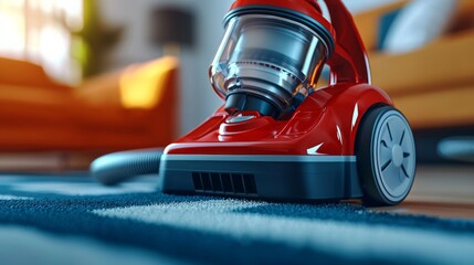 Fototapeta premium A vibrant red vacuum cleaner on a stylish area rug in a cozy living room