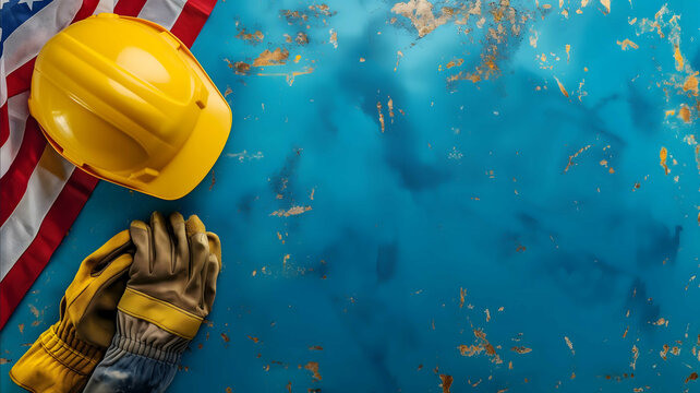 yellow construction helmet and work gloves on blue background for your international civil apGRESS day social media post template with copy space The backgroun