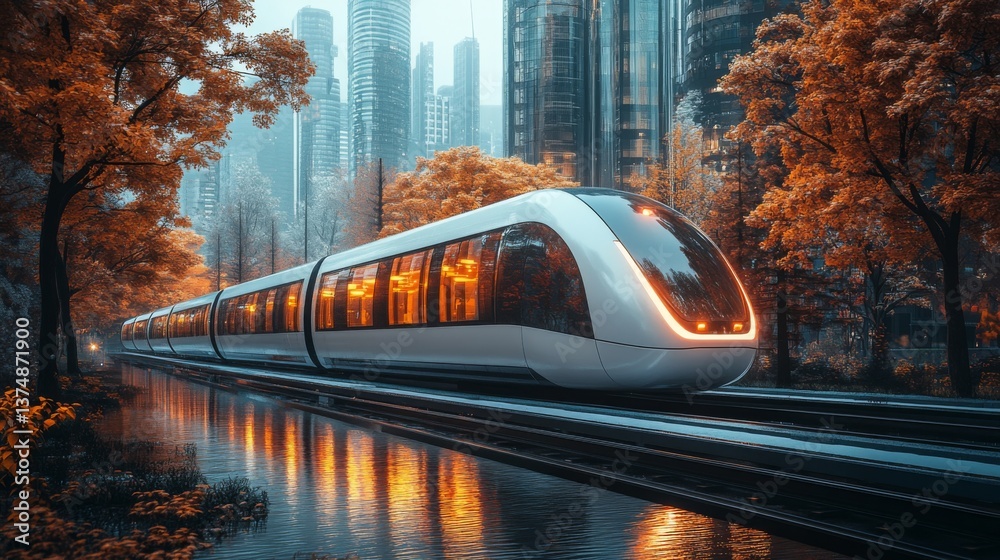 Poster A sleek maglev train moves quietly along its tracks, surrounded by vibrant autumn trees and towering modern buildings, creating a seamless blend of nature and technology.