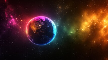 Fototapeta premium Planet Earth glows in the night, surrounded by a vibrant, multicolored galaxy and connecting network.
