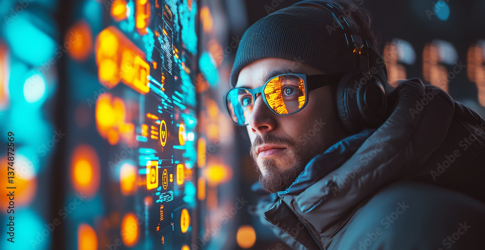 Poster a cybersecurity expert analyzes digital data on an illuminated screen, wearing headphones and glasse