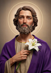 Saint Joseph, father of Jesus, holds a lily flower symbolizing his purity