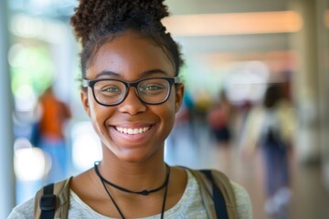 Obraz premium Smiling portrait of a young female African American student in a college in the USA