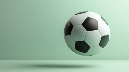 Obraz premium A classic soccer ball with black pentagons hovers against a soft green backdrop in a studio.