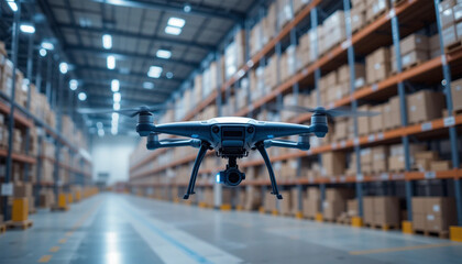 A sleek drone surveys a vast warehouse, its camera lens focused, promising efficient inventory management and streamlined logistics in a modern distribution center.