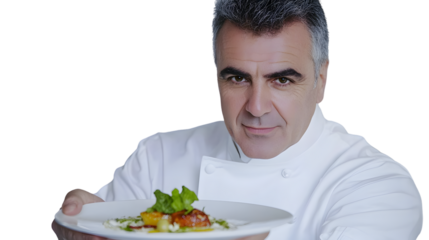 Chef Presenting a Gourmet Dish Culinary Excellence in White Uniform with Fresh Salad Garnish