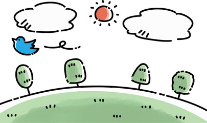 青い鳥が飛ぶシンプルな自然風景のイラスト