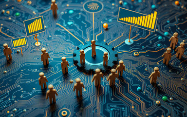 Futuristic technology concept featuring a digital circuit board with human figures surrounding a central hub and data bar charts, representing interconnected systems and data flow.