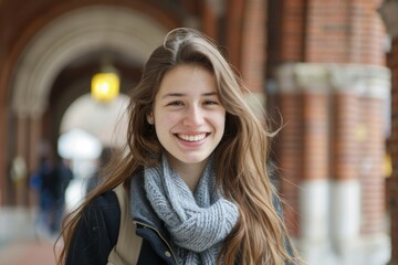 Fototapeta premium Smiling portrait of a young female Caucasian student in a college in the USA