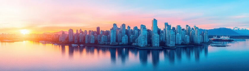 Fototapeta premium Beautiful aerial view of downtown Vancouver skyline, British Columbia, Canada at sunset