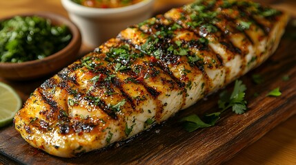 Grilled Fish, Herbs, Salsa, Wooden Board