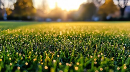 Fototapeta premium Close-up of Morning Dew on Grass at Sunrise in the Meadow