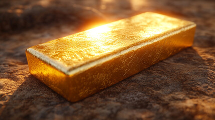 A flawless 3D-rendered gold bar gleams with opulence, symbolizing wealth, success, and financial security. Its smooth, polished surface reflects luxury, prestige, and timeless value in a modern settin