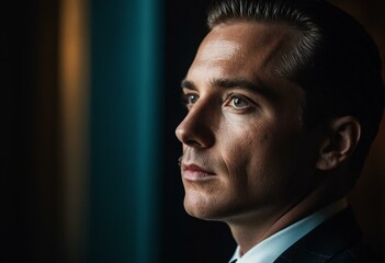 A woman in a blue dress looking at the camera.