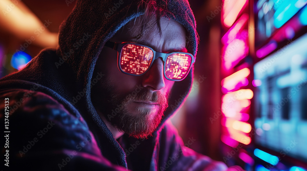 Poster a cybersecurity expert in a hoodie examines potential data breach risks using glowing screens. refle