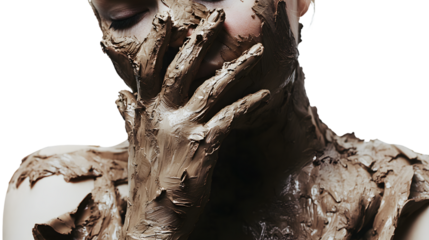 Closeup of a persons body covered in thick textured mud hands covering face