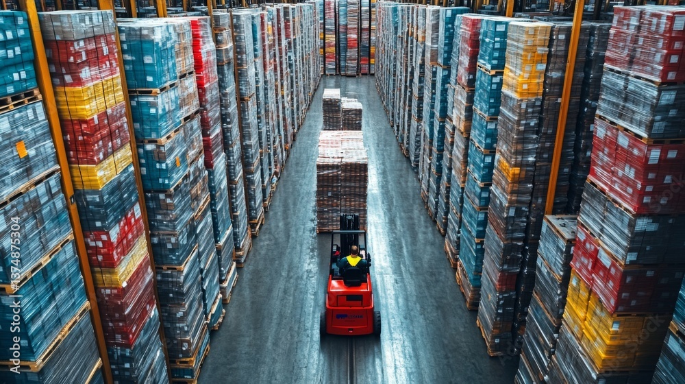 Poster A worker operates a forklift in a vast warehouse filled with tall stacks of pallets, focusing on efficient sorting and inventory management in the distribution center.