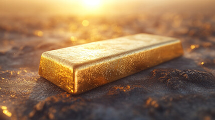 A flawless 3D-rendered gold bar gleams with opulence, symbolizing wealth, success, and financial security. Its smooth, polished surface reflects luxury, prestige, and timeless value in a modern settin