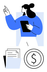 Woman holding tablet and pointing upward, suggesting ideas or solutions. Nearby, a folder of documents and a dollar symbol emphasize finance, organization, and innovation. Ideal for business