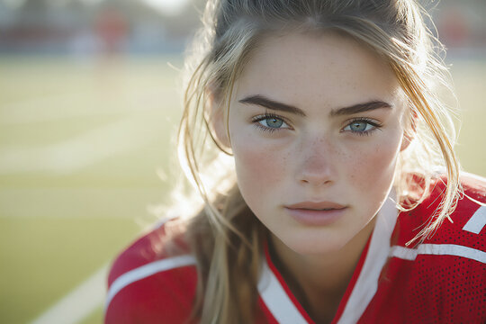  female field hockey player resting after game,