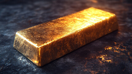 A flawless 3D-rendered gold bar gleams with opulence, symbolizing wealth, success, and financial security. Its smooth, polished surface reflects luxury, prestige, and timeless value in a modern settin