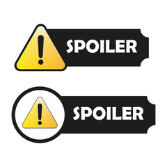 SPOILER alert tag. Exclamation triangle icon. Dark warning label. Vector caution panel.