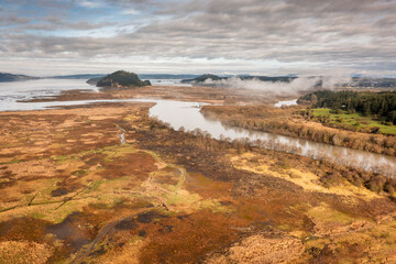 Aerial drone view of the North Fork of the Skagit River delta area. Hiking trails and bird watching...
