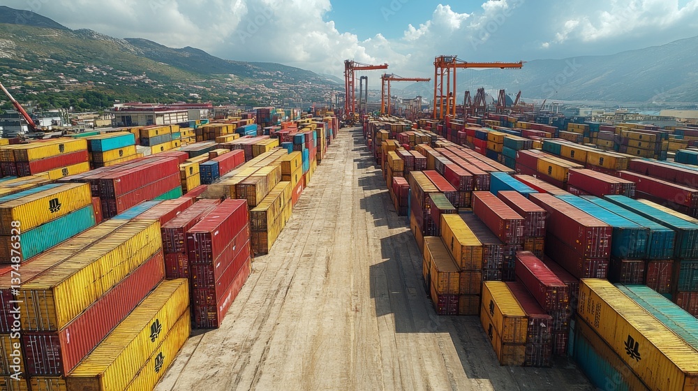 Poster Large quantities of cargo containers are organized in rows within a logistics and distribution center, illustrating the complexities of inventory management and freight operations.