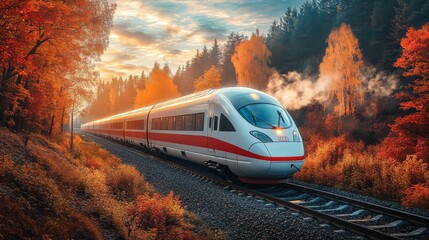 A sleek high speed train glides along railway tracks surrounded by vibrant autumn foliage. Smoke gently rises as it moves through a picturesque landscape at sunset.