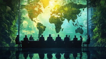 A group of people in a meeting with a large map of the world, surrounded by greenery, suggesting a focus on global issues and environmental discussions.