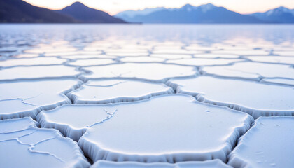 Cracked Ice Texture on Frozen Lake with Mountain Background  