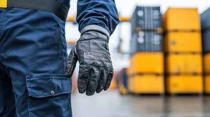 Airline cargo handler in a blue uniform with a focus on a hand in a glove operating a freight lift, surrounded by containers in the background.