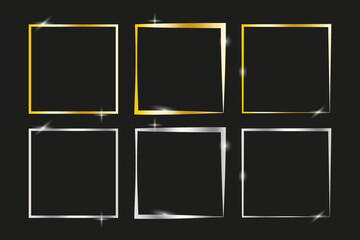 Golden square outlines. Shiny silver borders. Stylish metal frames. Vector glossy edges.