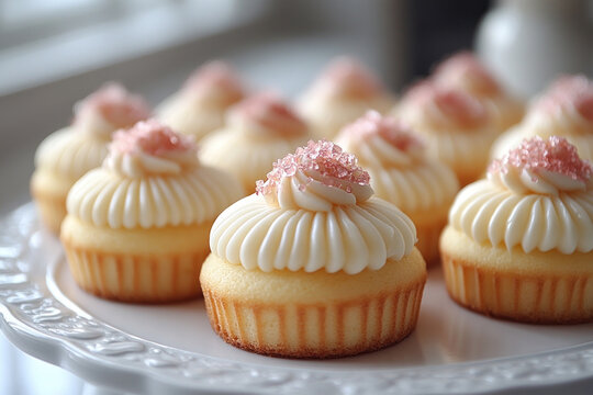 Exquisite vanilla cupcakes with buttercream frosting, delicately decorated with pink sugar crystals.  - Powered by Adobe