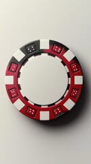 A single casino chip with red, black and white detailing sits poised, hinting at games of chance.