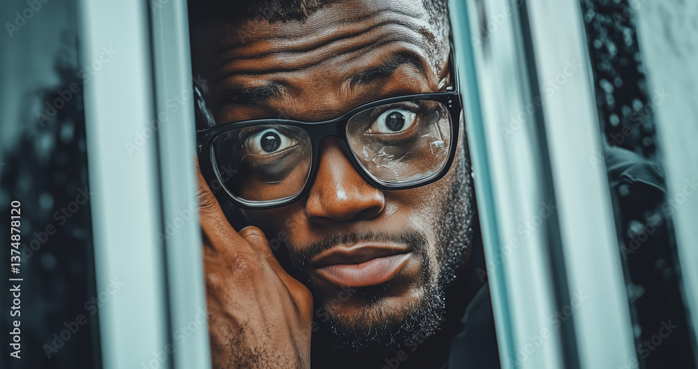 Poster A person looks worried through a window, reflecting anxiety about cybersecurity issues, especially data breaches and firewall vulnerabilities during a tech discussion.