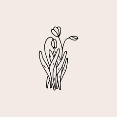 Minimal tattoo flower. Vector illustration. Ink hand drawn wild flowers drawing. Contemporary abstract plants art in doodle drawing style. Marker drawn floral element.