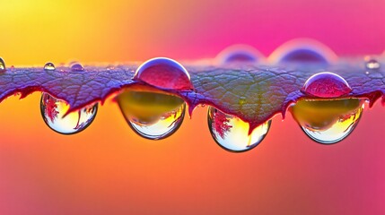 Water Drops on Leaf Reflecting Trees with Colorful Background