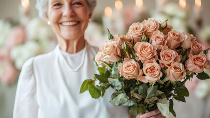 Elegant senior woman radiates happiness holding a stunning bouquet of fresh pink roses.