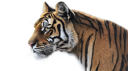 Closeup profile of a majestic tiger showing detailed fur and striking eyes