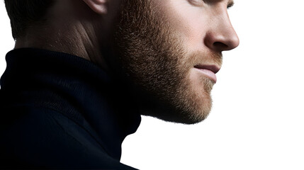 Fototapeta premium Closeup profile of a man with beard dark turtleneck black background