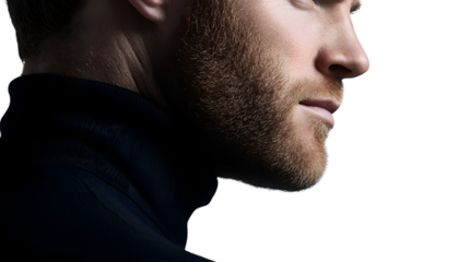 Closeup profile of a man with beard dark turtleneck black background